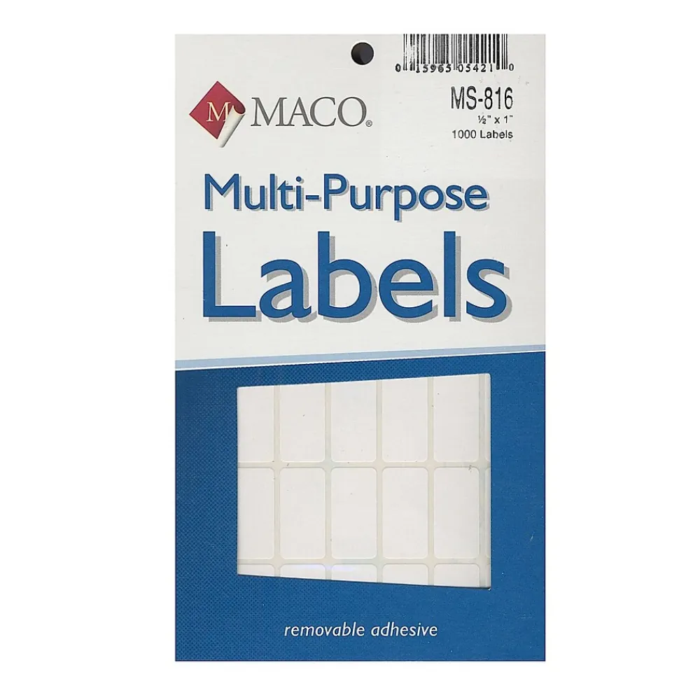 Labels|Maco Multi-Purpose Handwrite Labels, Rectangular, 1/2" x 1", Pack Of 1000, 6/Pack (6PK-MS-816)
