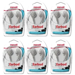 Maxell Budget Stereo Earbuds, White, 6/Pack (MAX190599-6)<Maxwell Sale