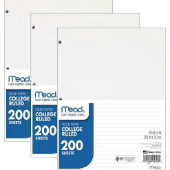 Filler Paper|Mead College Ruled Filler Paper, 8" x 10.5", 3-Hole Punched, 200 Sheets/Pack, 3/Bundle (MEA15326-3)