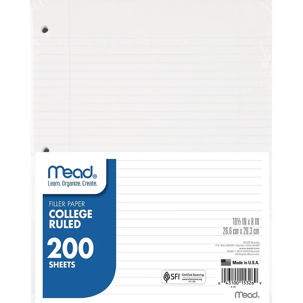 Filler Paper|Mead College Ruled Filler Paper, 8" x 10.5", 3-Hole Punched, 200 Sheets/Pack, 3/Bundle (MEA15326-3)