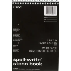 Notepads|Mead Spell Write Steno Book, 6" x 9", Gregg Ruled, 80 Sheets/Pad (43082)