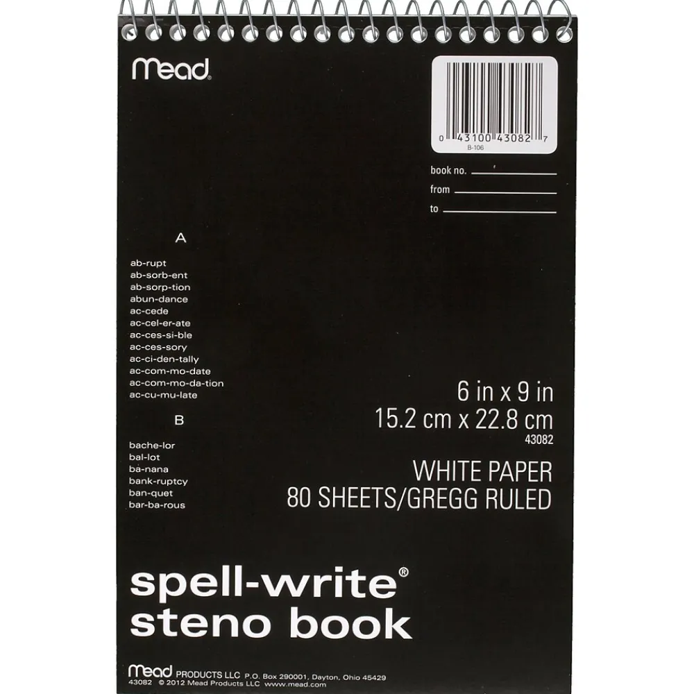 Notepads|Mead Spell Write Steno Book, 6" x 9", Gregg Ruled, 80 Sheets/Pad (43082)