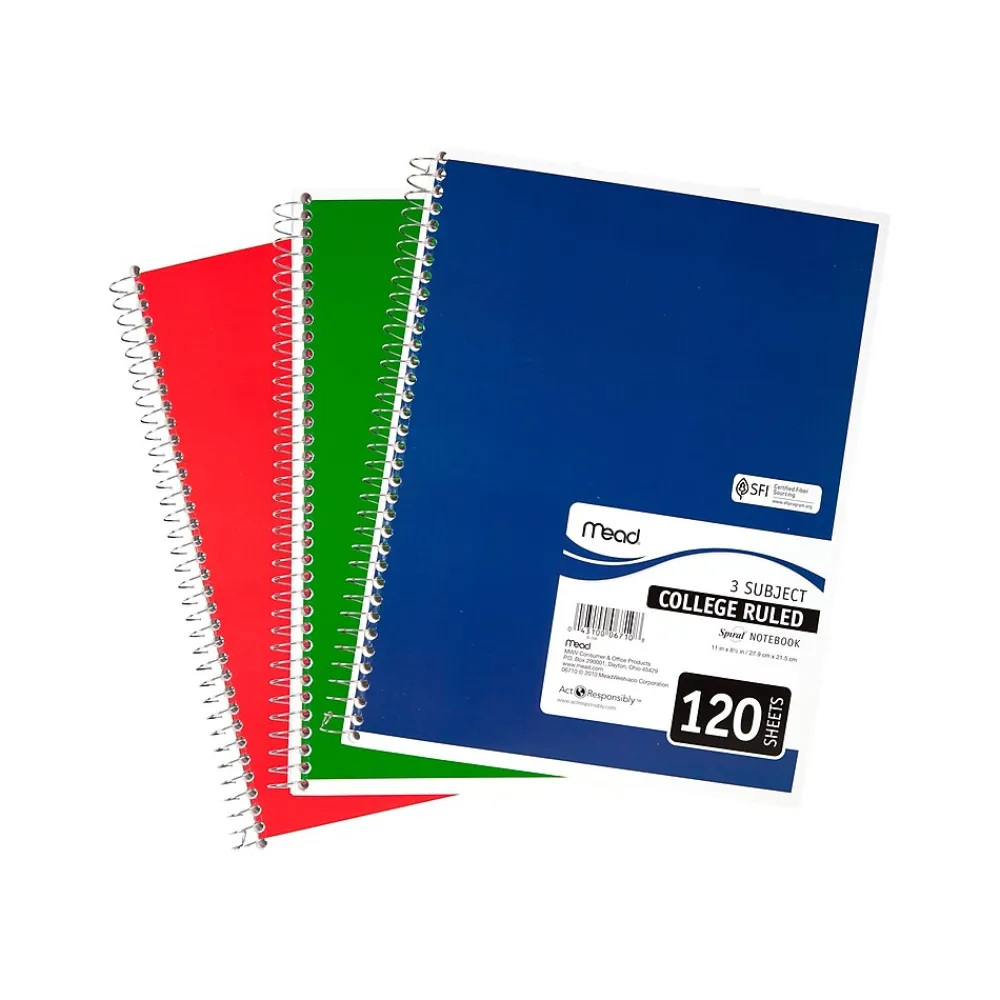 Subject Notebooks|Mead Spiral 3-Subject Notebooks, 8.5" x 11", College Ruled, 120 Sheets (06710)