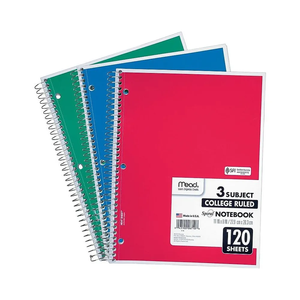 Subject Notebooks|Mead Spiral 3-Subject Notebooks, 8.5" x 11", College Ruled, 120 Sheets (06710)