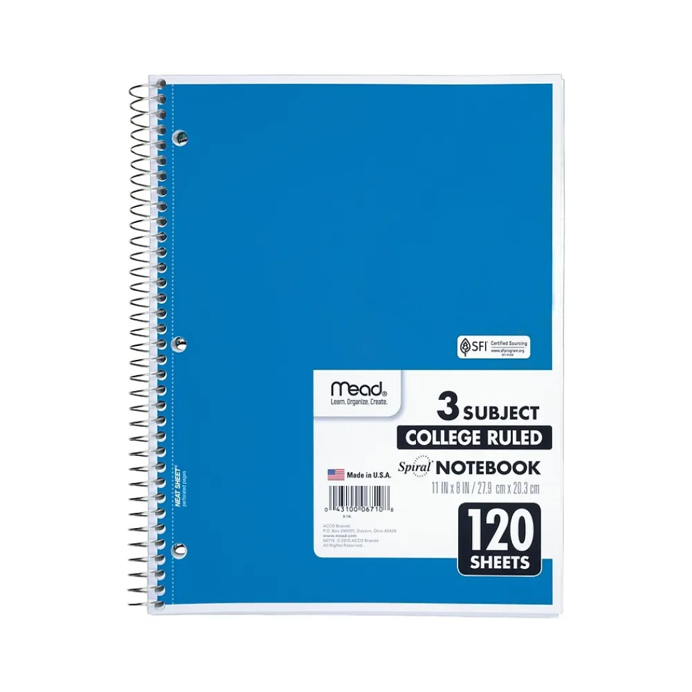 Subject Notebooks|Mead Spiral 3-Subject Notebooks, 8.5" x 11", College Ruled, 120 Sheets (06710)