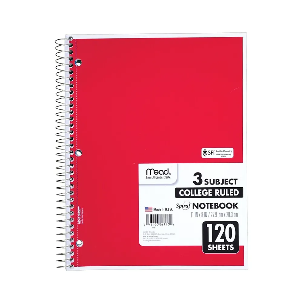 Subject Notebooks|Mead Spiral 3-Subject Notebooks, 8.5" x 11", College Ruled, 120 Sheets (06710)