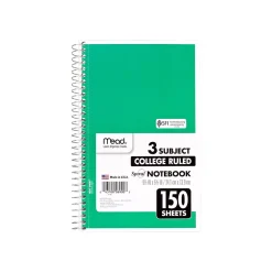 Subject Notebooks|Mead Spiral 3-Subject Notebooks, 5.5" x 9.5", College Ruled, 150 Sheets (06900)