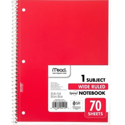 Subject Notebooks|Mead 1-Subject Notebook, 8.0" x 10.5", Wide Ruled, 70 Sheets, Red (05510AB5)
