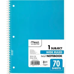 Subject Notebooks|Mead 1-Subject Notebook, 8.0" x 10.5", Wide Ruled, 70 Sheets, Blue (05510AY7)