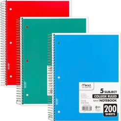Subject Notebooks|Mead 5-Subject Notebook, 8.5" x 11", College Ruled, 200 Sheets, Assorted Colors, Each (06780)