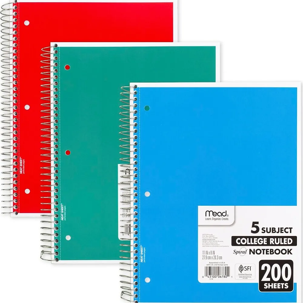 Subject Notebooks|Mead 5-Subject Notebook, 8.5" x 11", College Ruled, 200 Sheets, Assorted Colors, Each (06780)
