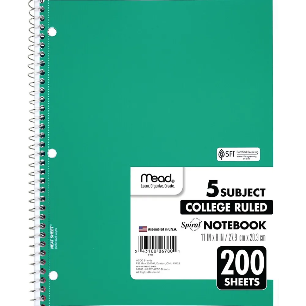 Subject Notebooks|Mead 5-Subject Notebook, 8.5" x 11", College Ruled, 200 Sheets, Assorted Colors, Each (06780)