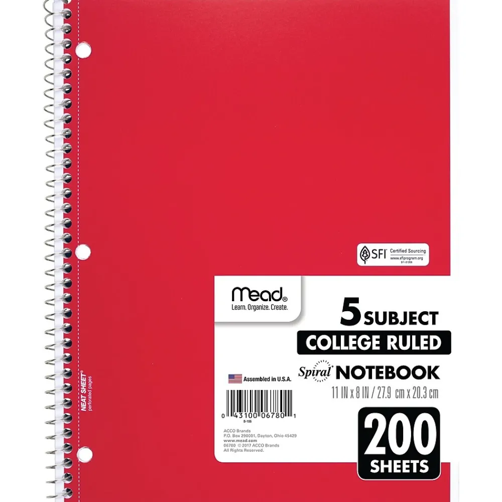 Subject Notebooks|Mead 5-Subject Notebook, 8.5" x 11", College Ruled, 200 Sheets, Assorted Colors, Each (06780)