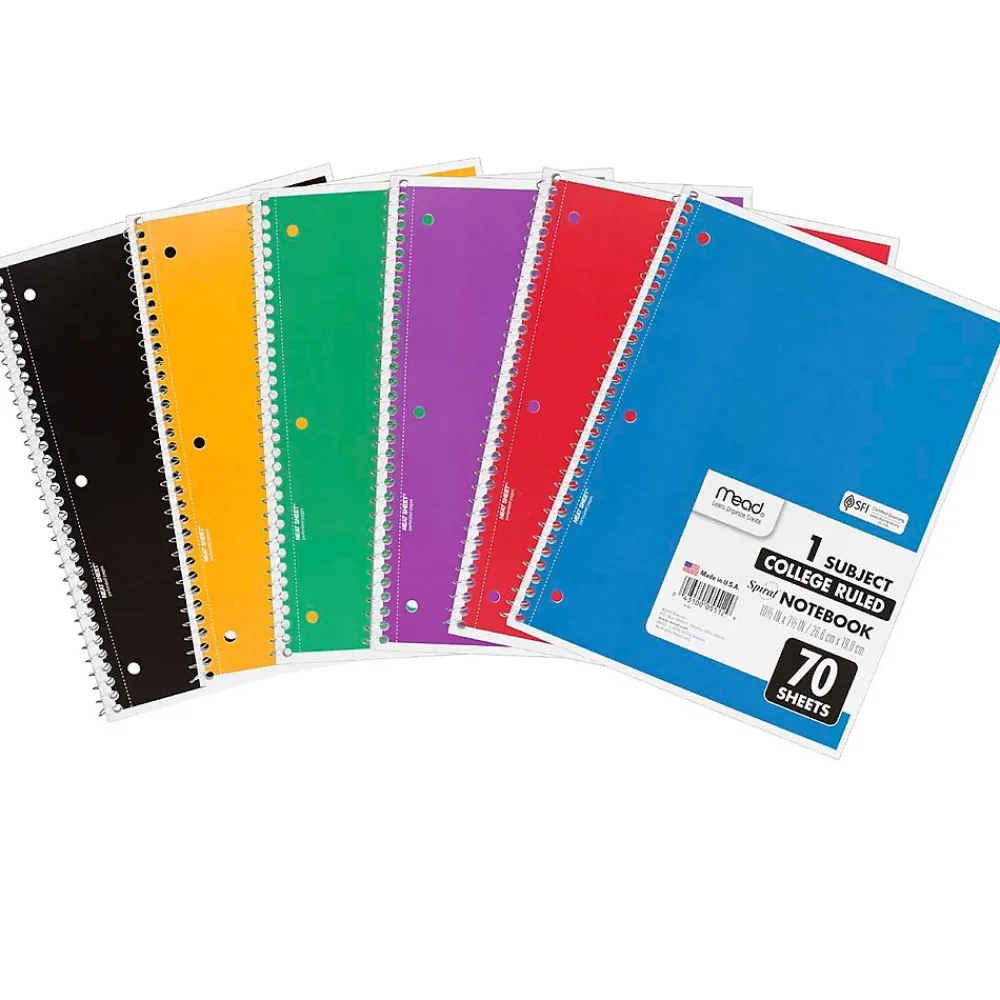 Subject Notebooks|Mead 1-Subject Notebooks, 8" x 10.5", College Ruled, 70 Sheets, Assorted Colors, 6/Bundle (MEA05512-6)