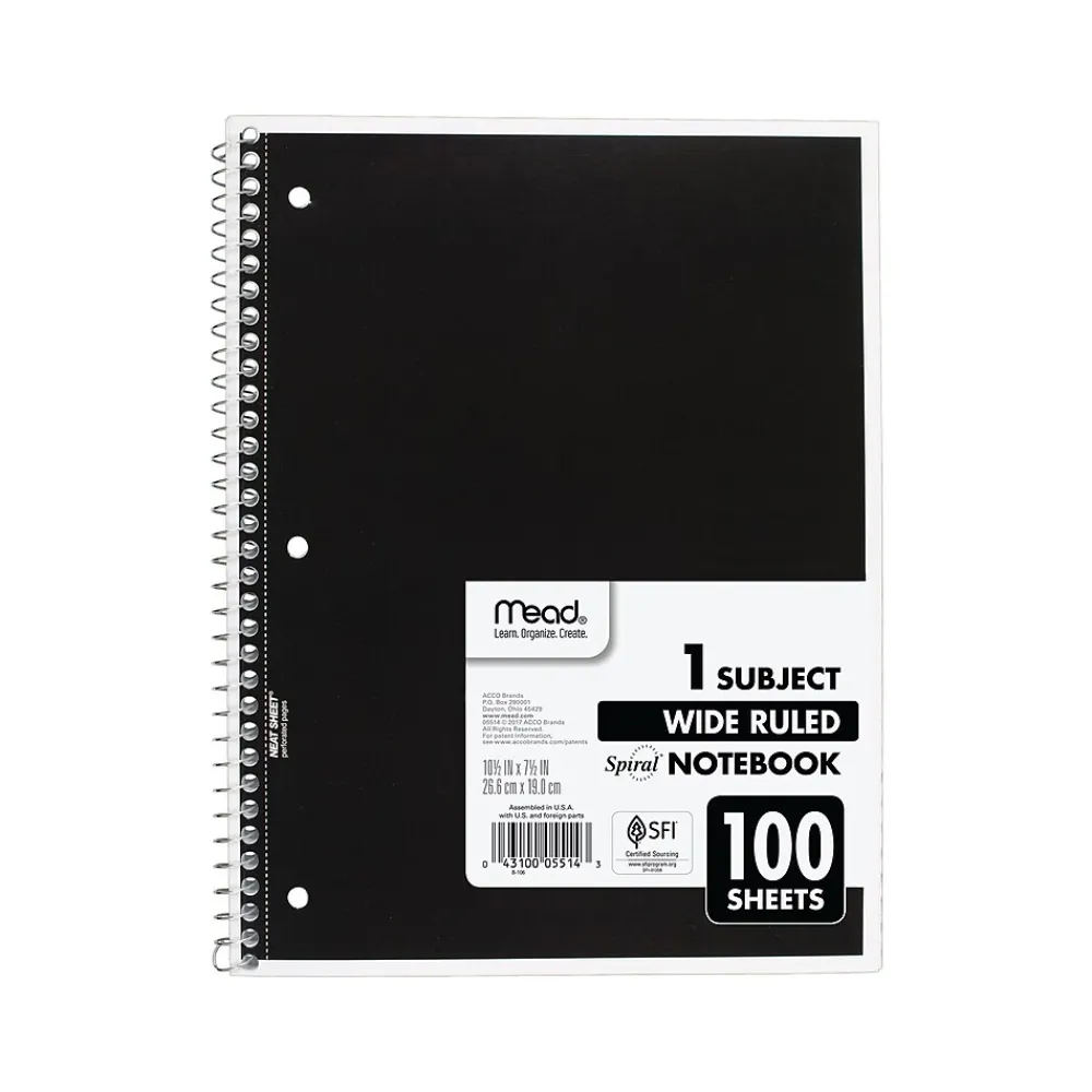 Subject Notebooks|Mead 1-Subject Notebooks, 7.5" x 10.5", Wide-Ruled, 100 Sheets, Assorted Colors, 24/Carton (MEA05514CT)