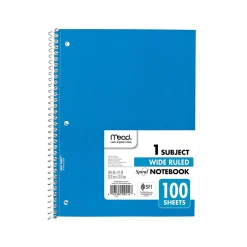 Subject Notebooks|Mead 1-Subject Notebooks, 7.5" x 10.5", Wide-Ruled, 100 Sheets, Assorted Colors, 24/Carton (MEA05514CT)
