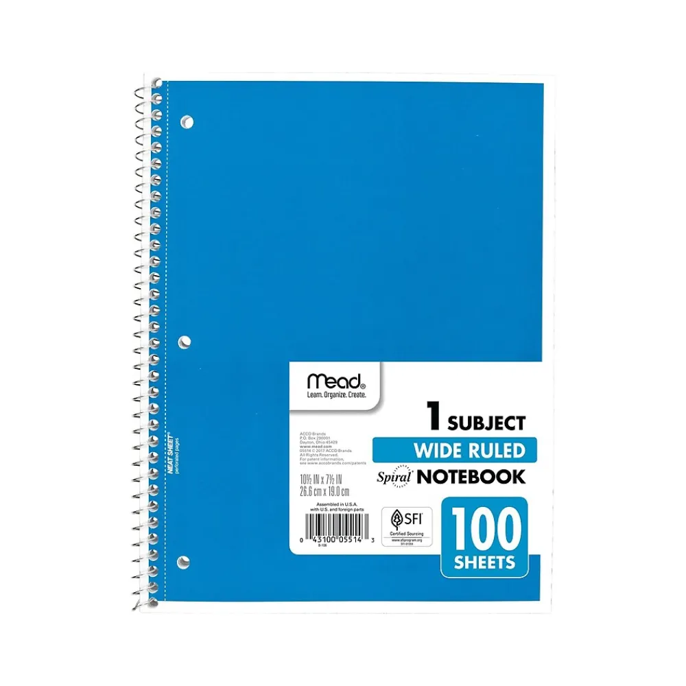Subject Notebooks|Mead 1-Subject Notebooks, 7.5" x 10.5", Wide-Ruled, 100 Sheets, Assorted Colors, 24/Carton (MEA05514CT)