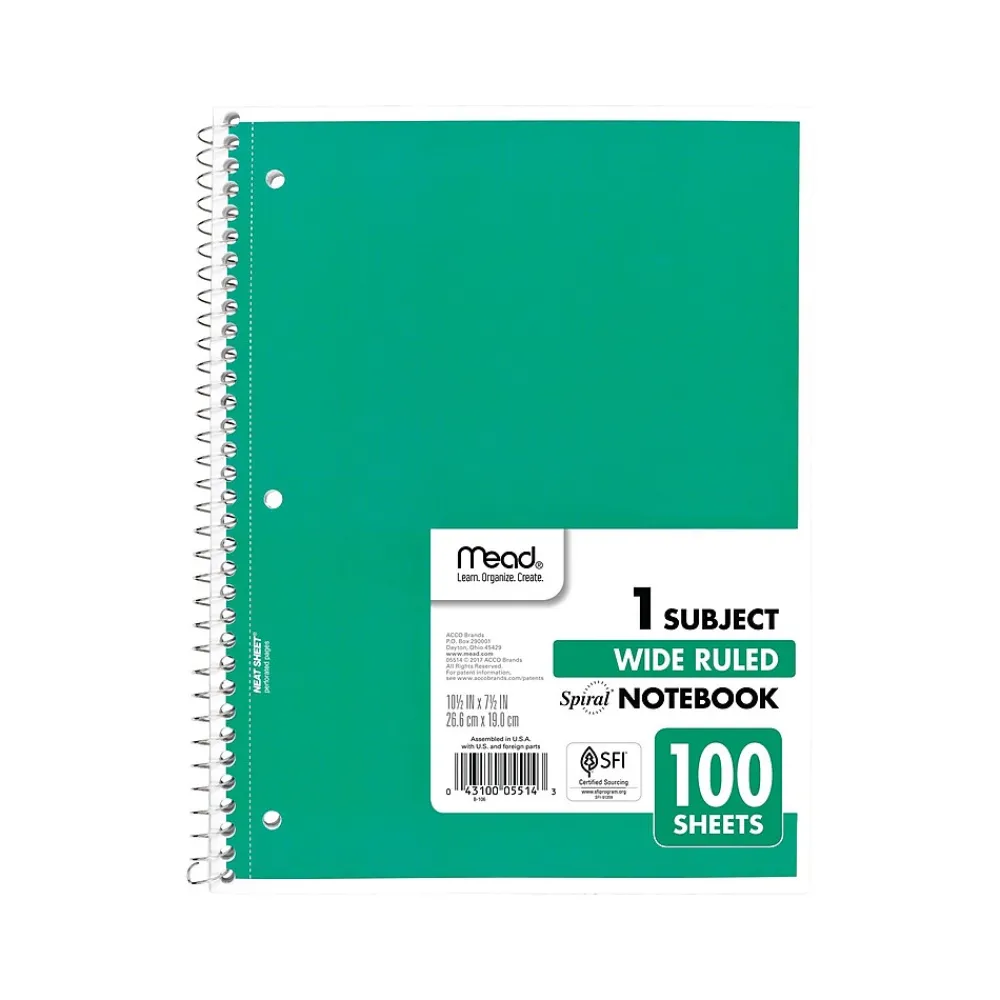 Subject Notebooks|Mead 1-Subject Notebooks, 7.5" x 10.5", Wide-Ruled, 100 Sheets, Assorted Colors, 24/Carton (MEA05514CT)