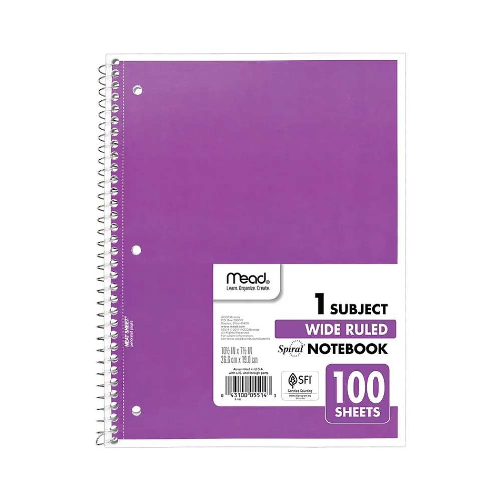 Subject Notebooks|Mead 1-Subject Notebooks, 7.5" x 10.5", Wide-Ruled, 100 Sheets, Assorted Colors, 24/Carton (MEA05514CT)