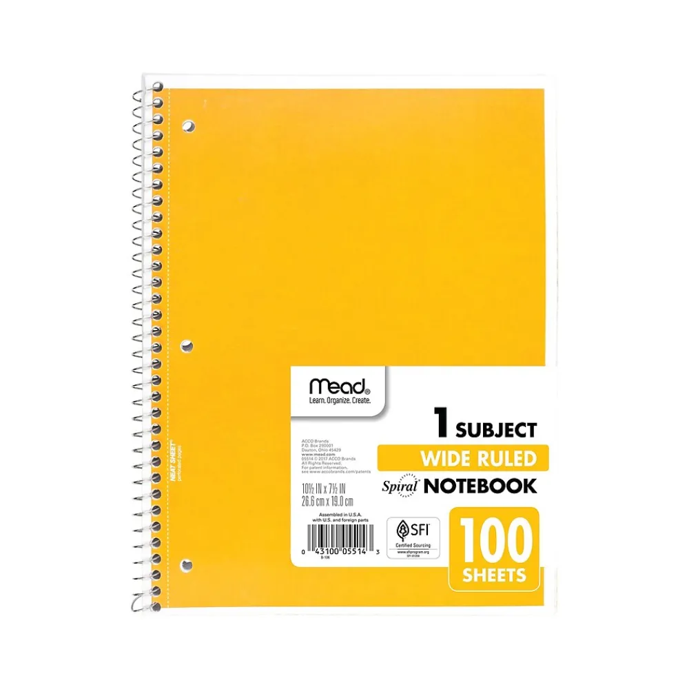 Subject Notebooks|Mead 1-Subject Notebooks, 7.5" x 10.5", Wide-Ruled, 100 Sheets, Assorted Colors, 24/Carton (MEA05514CT)