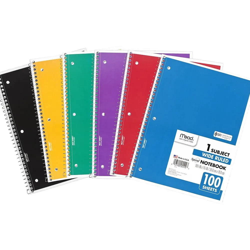 Subject Notebooks|Mead 1-Subject Notebooks, 7.5" x 10.5", Wide-Ruled, 100 Sheets, Assorted Colors, 24/Carton (MEA05514CT)