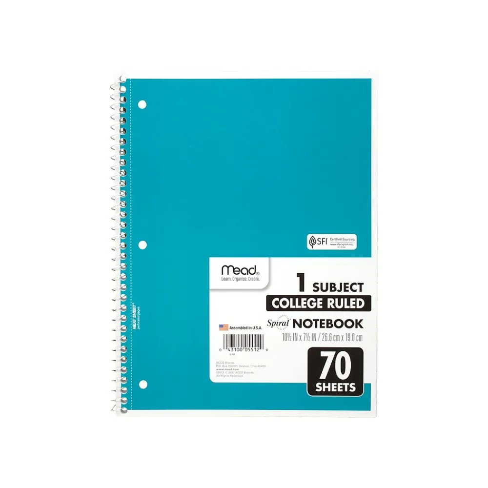 Subject Notebooks|Mead 1-Subject Notebooks, 8" x 10.5", College Ruled, 70 Sheets, 24/Carton (MEA05512-CT)