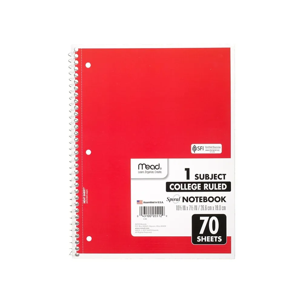 Subject Notebooks|Mead 1-Subject Notebooks, 8" x 10.5", College Ruled, 70 Sheets, 24/Carton (MEA05512-CT)