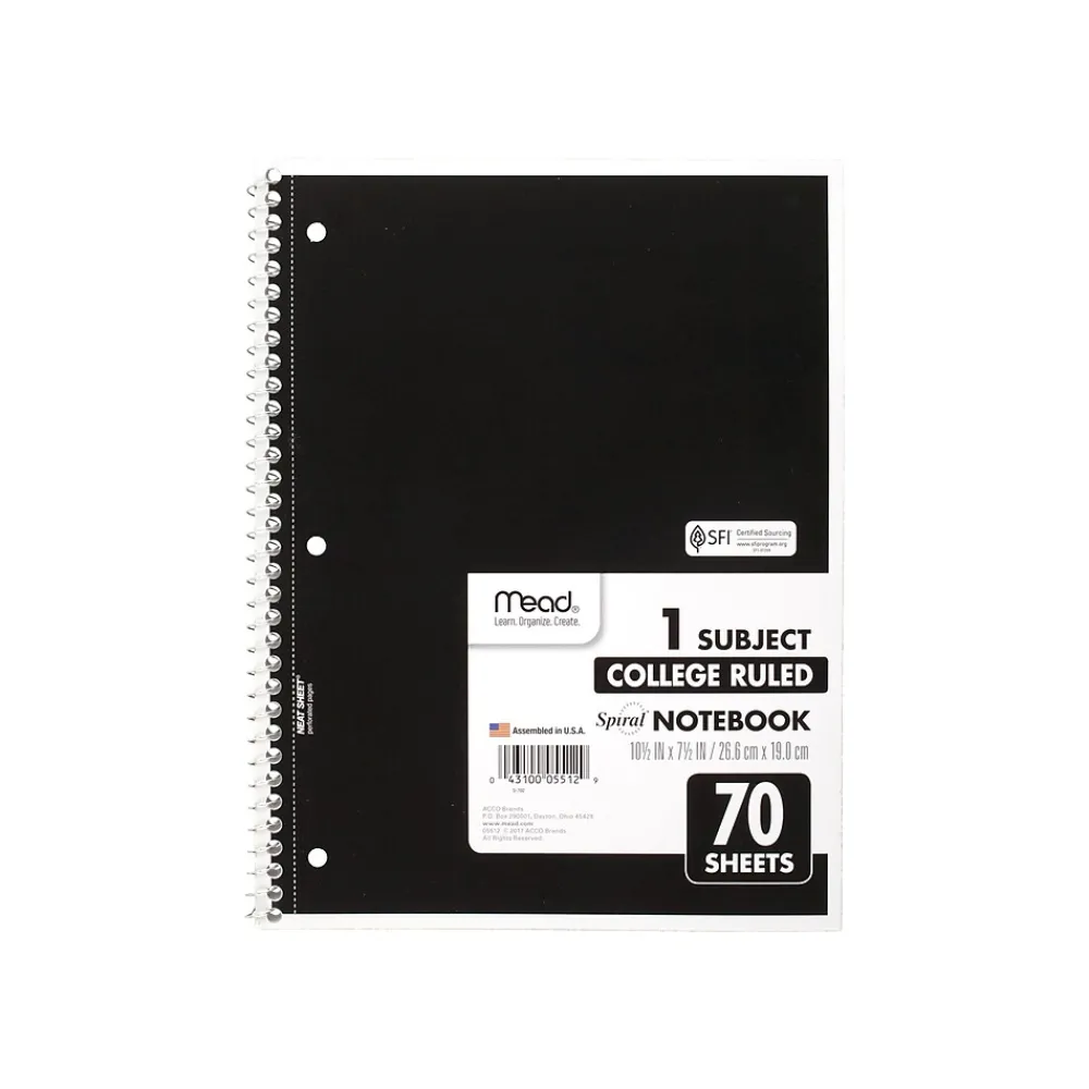 Subject Notebooks|Mead 1-Subject Notebooks, 8" x 10.5", College Ruled, 70 Sheets, 24/Carton (MEA05512-CT)
