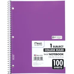 Subject Notebooks|Mead 1-Subject Notebooks, 8" x 11", College Ruled, 100 Sheets, Each (6622)