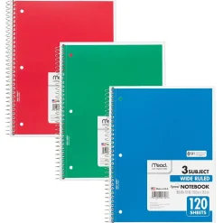 Subject Notebooks|Mead 3-Subject Notebooks, Wide Ruled, 120 Sheets, Assorted Colors, 6/Bundle (MEA05746-6)