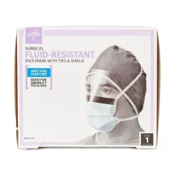 Medline ASTM L1 Surgical Mask with Anti-Fog Eye Shield with Ties, Blue, 25/Box, 4 Boxes/Carton (NON27405)