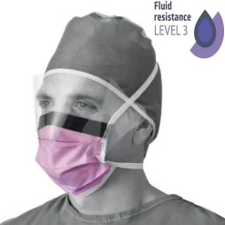 Medline Disposabe ASTM Level 3 Surgical Face Masks with Eyeshield and Ties, Purple/ White, 100/Pack (NON27710)