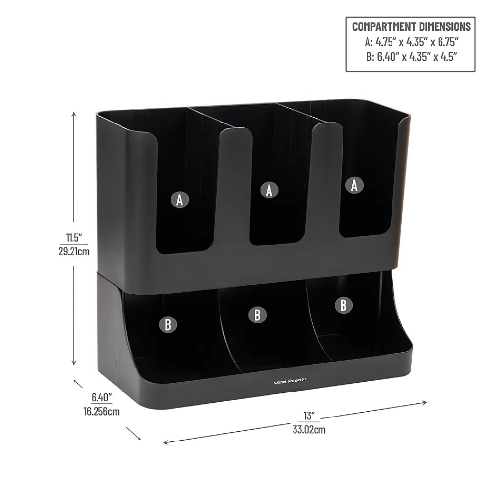 Mind Reader 6 Compartment 2-Tier Cup and Condiment Countertop Organizer, Black (UPRIGHT6-BLK)
