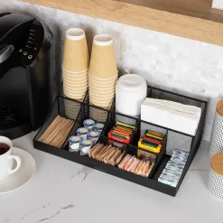 Mind Reader 11 Compartment Metal Coffee Cup and Condiment Organizer, Black (COMORGMESH-BLK)