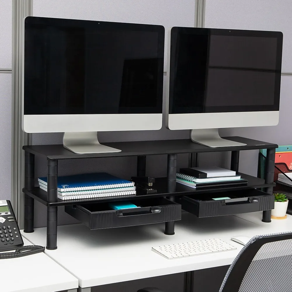 Hot Mind Reader Adjustable Dual Monitor Stand Desktop Organizer with Drawers, Black (DBMON2TDR-BLK)