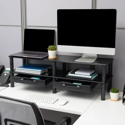 Hot Mind Reader Adjustable Dual Monitor Stand Desktop Organizer with Drawers, Black (DBMON2TDR-BLK)
