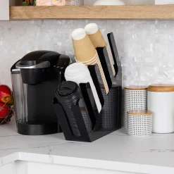 Mind Reader 4-Compartment Acrylic Cup and Lid Dispenser Coffee Countertop Organizer, Black (4ACUPHOLD-BLK)