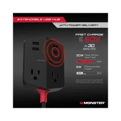 Monster 2-Outlet 4-USB Port Power Strip, 6', Black (2MNAC0327B0L2)