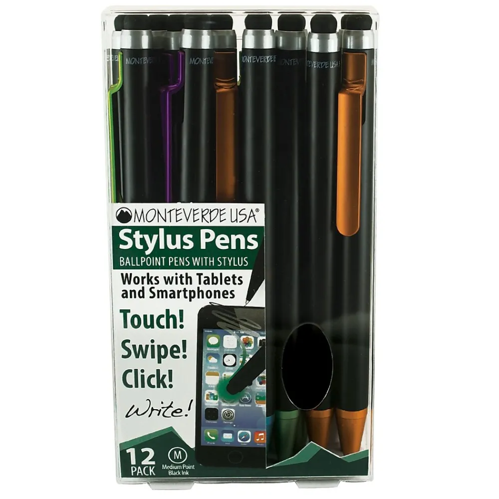 Pens|Monteverde One Touch Ballpoint Pen with Top Stylus, Assorted Colors, 12 pack (MV36150)