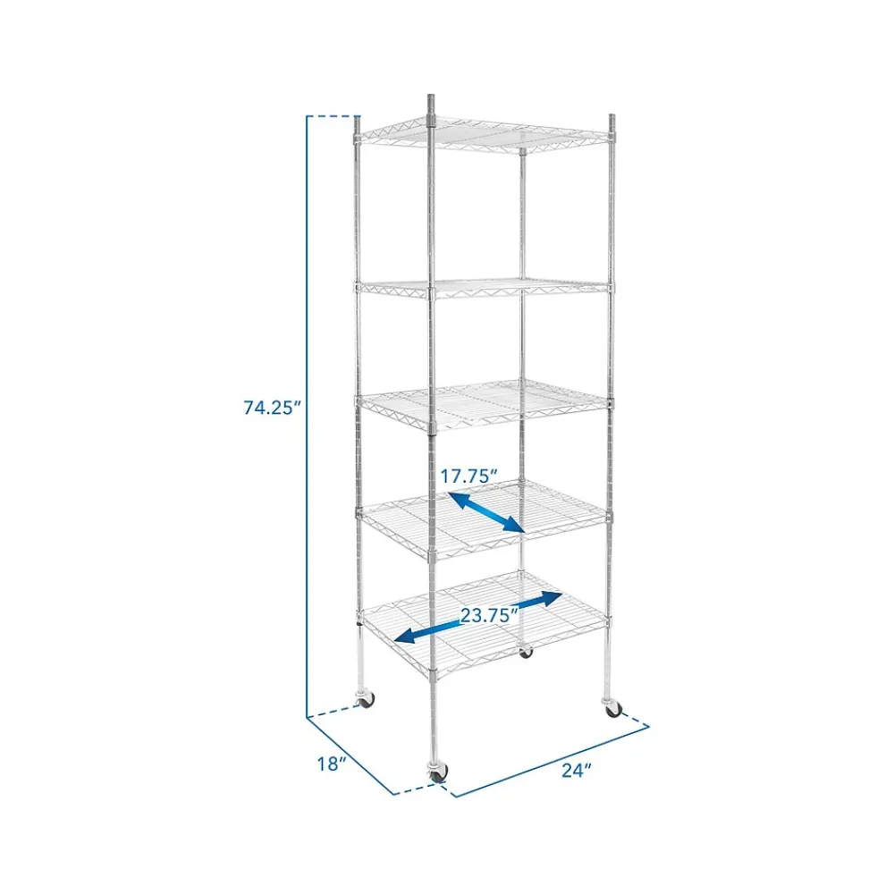 Shelving*Mount-It! 5-Tier Metal Shelving Unit with Wheels, 24", Silver (MI-7862)