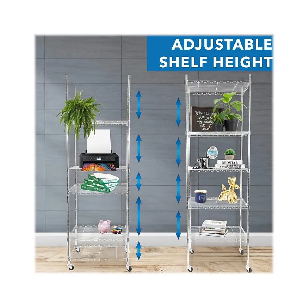 Shelving*Mount-It! 5-Tier Metal Shelving Unit with Wheels, 24", Silver (MI-7862)