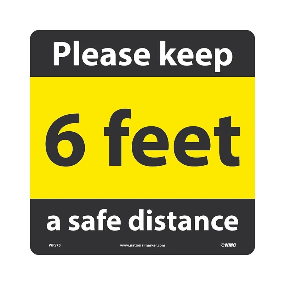 National Marker Walk-On™ Floor Decal, "6 Feet Please Keep a Safe Distance," 12" x 12", Yellow/Black (WFS73)