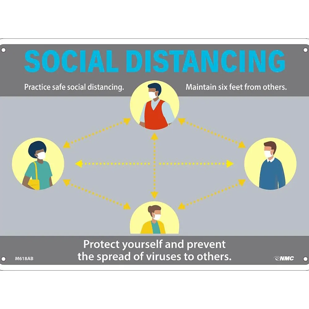 National Marker Wall Sign, "Social Distancing," Aluminum, 10" x 14", Gray/Blue/Yellow (M618AB)