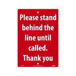 National Marker Wall Sign, "Please Stand Behind the Line Until Called. Thank You," Plastic, 14" x 10", Red (M611RB)