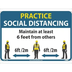 National Marker Wall Sign, "Practice Social Distancing," Aluminum, 10" x 14", Blue/White/Yellow (M619AB)