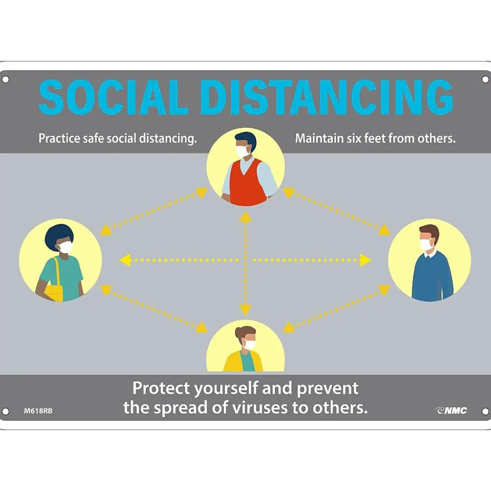 National Marker Wall Sign, "Social Distancing," Plastic, 10" x 14", Gray/Blue/Yellow (M618RB)