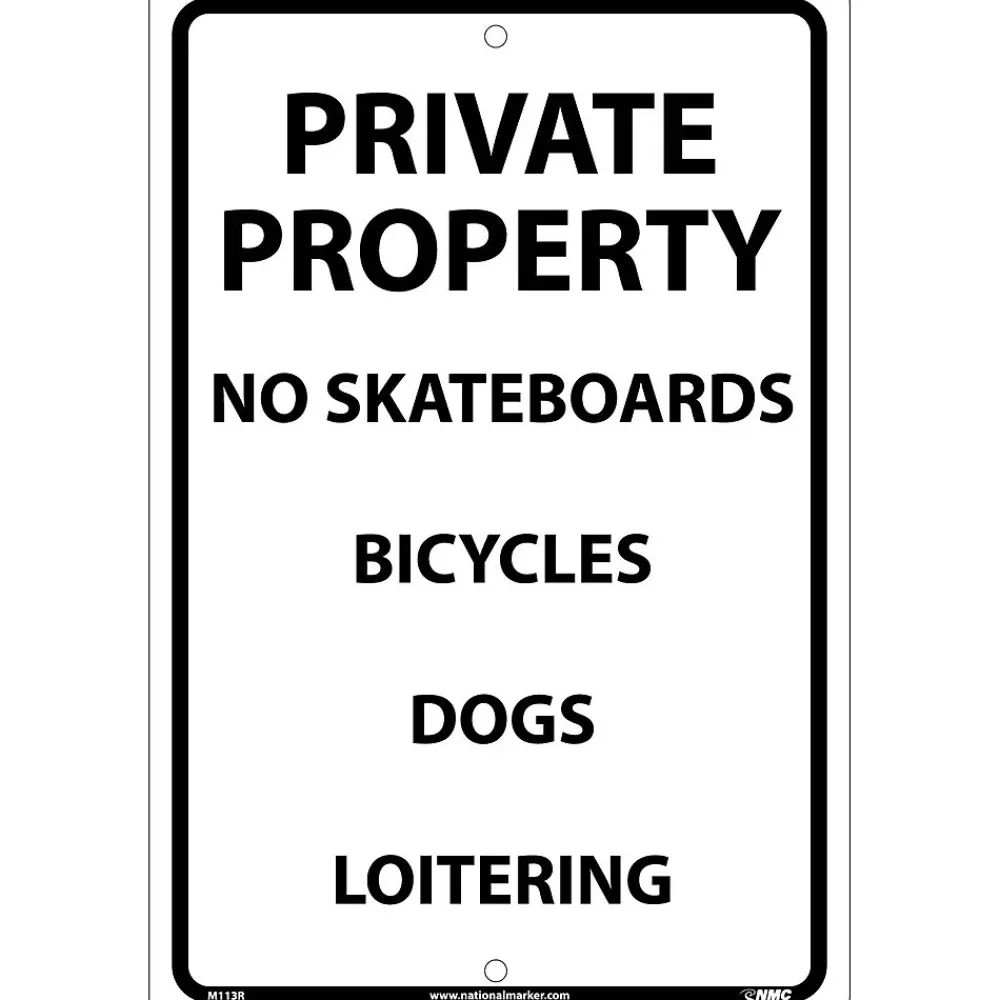 National Marker Notice Signs; Private Property No Skateboards Bicycles Dogs Loitering, 18X12, Rigid Plastic