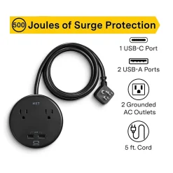 NXT Technologies ™ 2-Outlet Plus USB Surge Protector, 5' Cord, 500 Joules (NX61428)