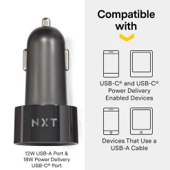 ™ Universal 2-Port USB-C and USB-A Car Charger, Black (NX54336)<NXT Technologies Best