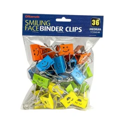 Clips & Fasteners|Officemate Smiling Face Medium Binder Clips, Assorted Colors, 36 Clips/Pack (31095)